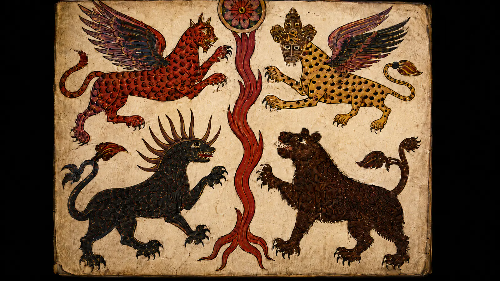 Four distinct prophetic beasts shown separately on an aged manuscript