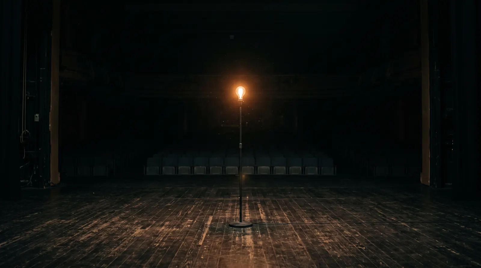 An empty theatre stage lit by a single warm standing lamp