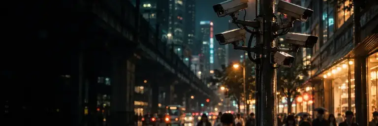 Illustration of surveillance cameras above a wet city street