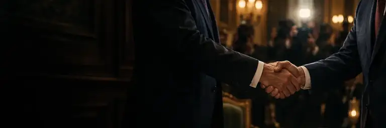 Illustration of a handshake over signed treaty documents
