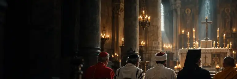 Illustration of faith leaders in a candlelit basilica
